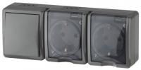 11-7403-03 ЭРА Блок две розетки+выключатель IP54, 16АХ(10AX)-250В, ОУ, Эра Эксперт, серый (5/50/900)