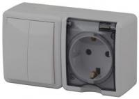 11-7402-03 ЭРА Блок розетка+выключатель двойной IP54, 16АХ(10AX)-250В, ОУ, Эра Эксперт, серый (8/80/