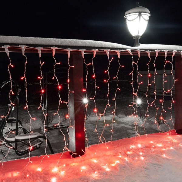 Гирлянда светодиодная Занавес 2х1,5м 192 LED КРАСНЫЙ прозрачный ПВХ IP65 постоянное свечение 230В блок в комплекте NEON-NIGHT