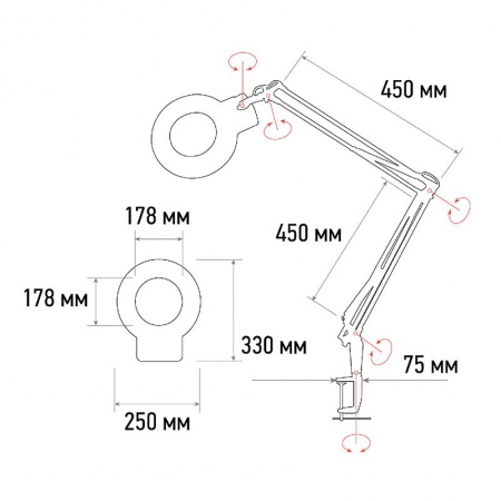 Лупа на струбцине круглая 5D с подсветкой 84 SMD LED, ø178мм, белая REXANT