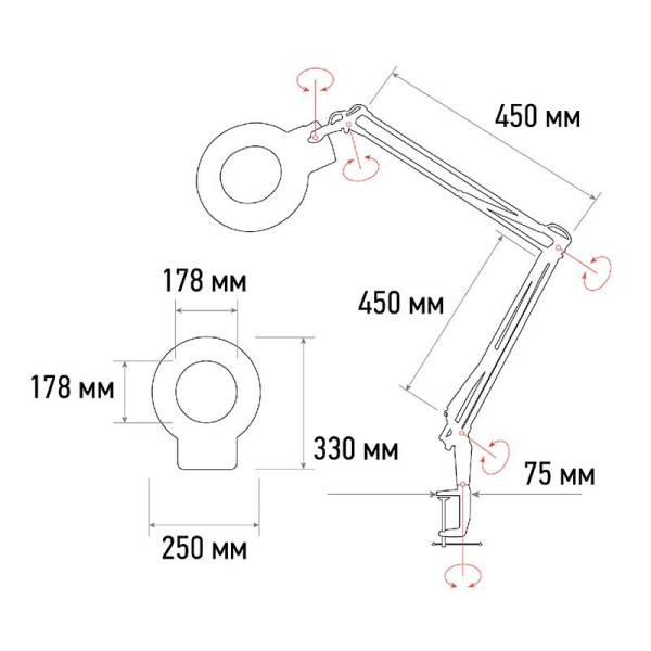 Лупа на струбцине круглая 5D с подсветкой 84 SMD LED, ø178мм, белая REXANT