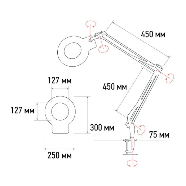 Лупа на струбцине круглая 5D с подсветкой 56 SMD LED, ø127мм, черная REXANT