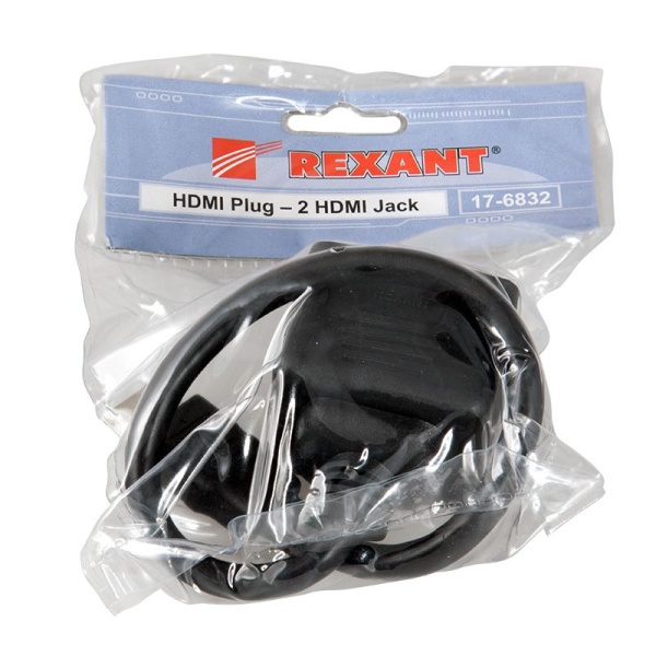 Переходник штекер HDMI - 2 гнезда HDMI с проводом, черный REXANT