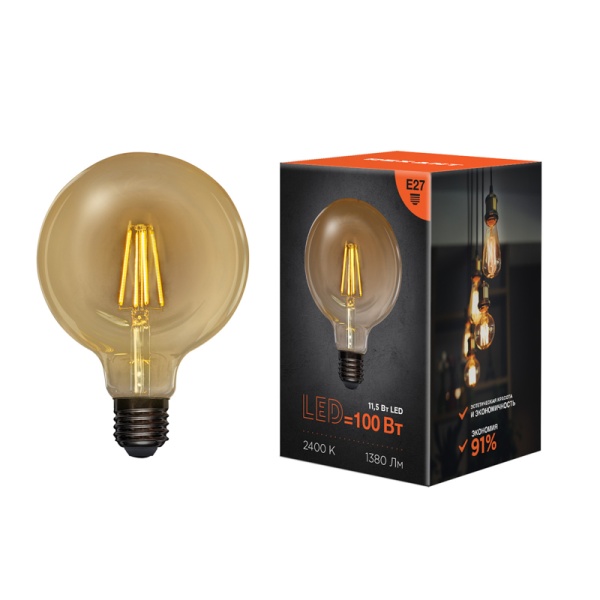 Лампа филаментная LOFT GLOBE A125 11,5Вт 1380Лм 2400K E27 золотистая колба REXANT