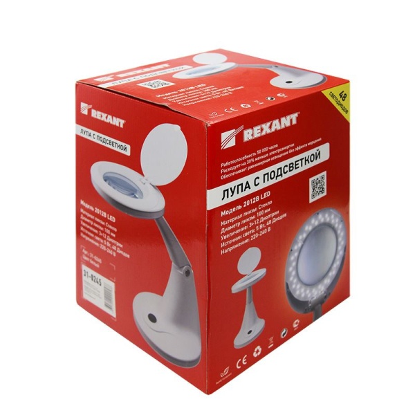 Лупа настольная 3D с подсветкой 30 SMD LED, ø100мм, белая REXANT