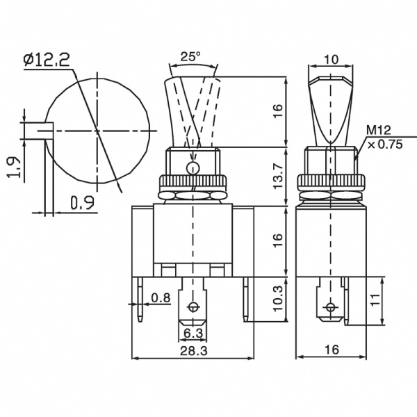 Тумблер 12V 30А (3c) ON-OFF однополюсный  с красной LED подсветкой  (ASW-07D-2)  REXANT (в упак. 1шт.)